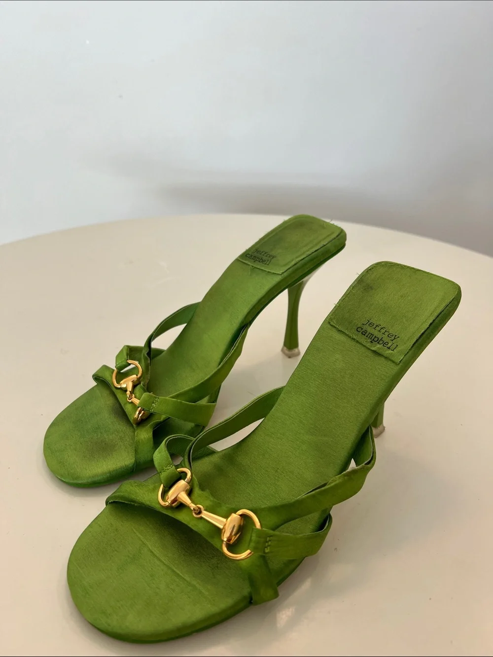 Jeffrey Campbell Lime Green Satin Horsebit Heeled Sandals